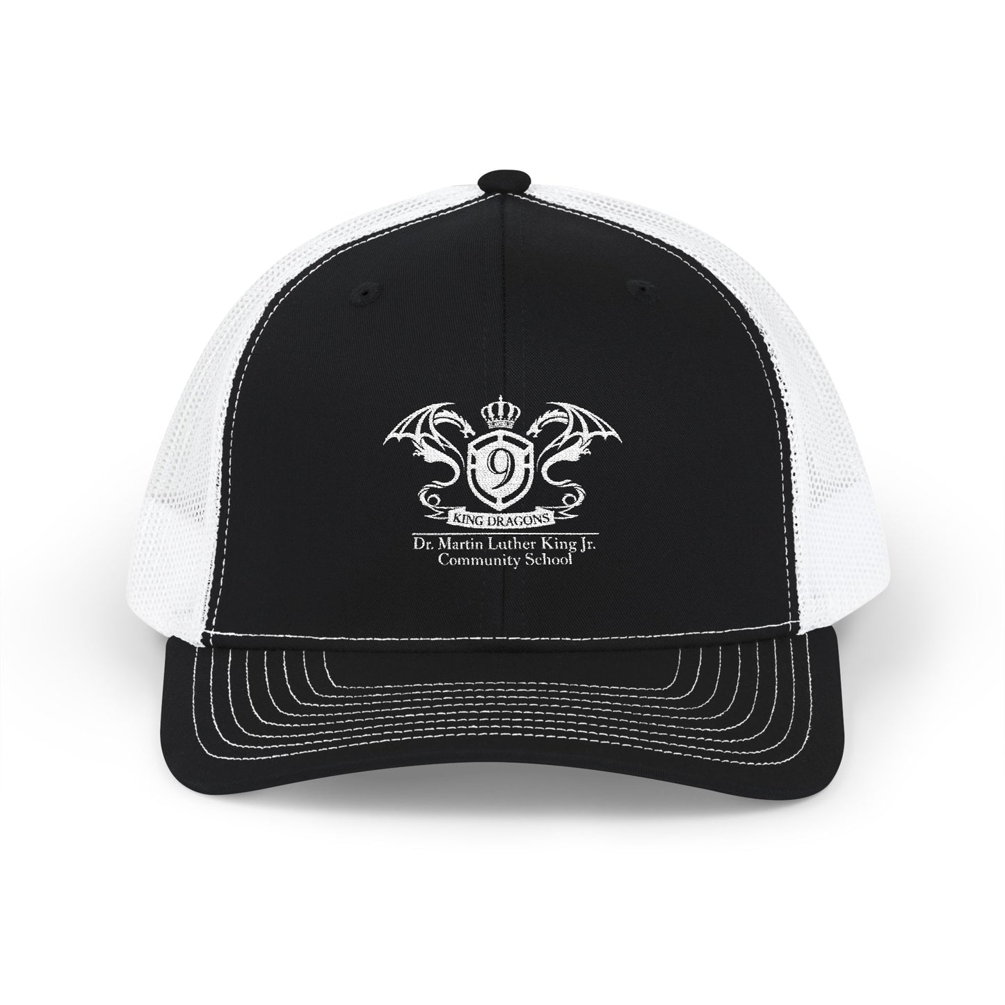 Embroidered Crest Snapback Trucker Hat — Vintage Shield Logo Cap