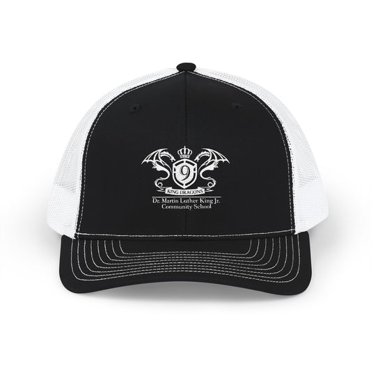 Embroidered Crest Snapback Trucker Hat — Vintage Shield Logo Cap